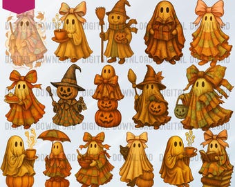 Rustika lapptäckespöken Halloween stort paket PNG, vintage quilt clipart set, kuslig söt sublimering, utskrivbar nedladdning