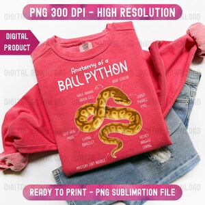 K&ouml;nnte beinhalten: Ein rotes Sweatshirt mit dem Text "Anatomy of a Ball Python" und einer detaillierten Illustration einer K&ouml;nigspython. Das Design enth&auml;lt beschriftete Teile der Schlange. Eine blaue Jeans ist im Hintergrund zu sehen.