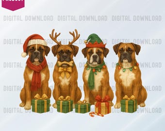 Clipart PNG di Natale con cane Boxer, stampa a sublimazione per cani durante le feste, design stampabile per maglietta con cane Boxer