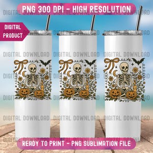 Skeleton Tumbler PNG, Halloween Pumpkin Floral Skeleton Sublimation, Spooky 20oz Skinny Tumbler Wrap, Fall Halloween Digital Download
