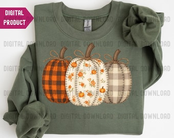 Plaid & Floral Pumpkin Trio PNG, Thanksgiving Fall Sublimation Clipart, Rustic Farmhouse Digital Download
