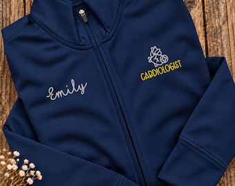 Cardiologist Embroidered Full Zip Jacket, Personalized Doctor Name, Heart Specialist Medical Work Fleece Gift