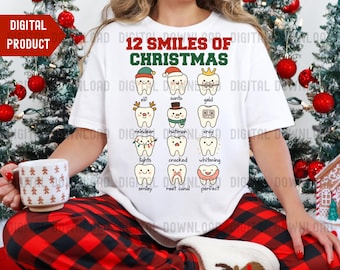 May include: White t-shirt with the text "12 Smiles of Christmas" and cartoon teeth illustrations. The shirt features a festive design with Christmas-themed teeth, including an elf, Santa, and reindeer. The shirt is part of a digital product.