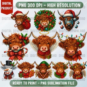 Highland Cow Christmas PNG Clipart Bundle, Rustic Santa Farm Sublimation Graphics, Xmas Instant Download