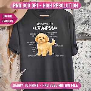 May include: Black t-shirt featuring a graphic of a Cavapoo dog with labeled anatomy. The design includes text that reads "Anatomy of a Cavapoo" and other humorous labels like "Heart-Melt Eyes" and "Wagtastic Tail".