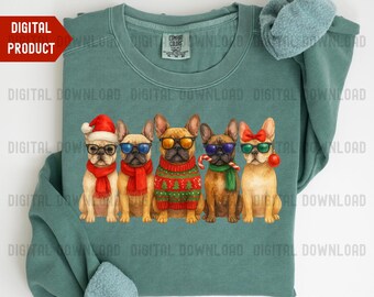 Perros franceses navideños PNG, Bulldogs de moda para camisetas, Descarga de sublimación navideña de alta resolución
