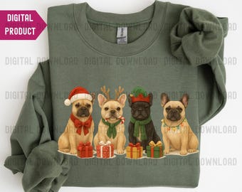 Bulldogs franceses festivos con regalos navideños PNG, clipart de sublimación de bulldog francés, gráfico de camiseta navideña para perro