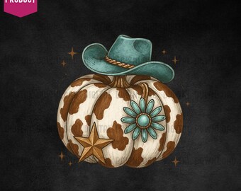 Zucca con stampa di mucca occidentale in formato PNG, cappello da cowboy turchese autunnale da scaricare digitalmente, design rustico di zucca autunnale in pelle di mucca