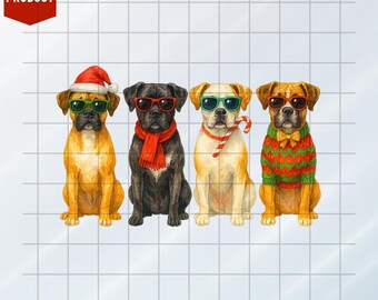 Boxer Dog Christmas PNG, Boxer festivi con occhiali da sole, Clipart per sublimazione natalizia, file digitale istantaneo