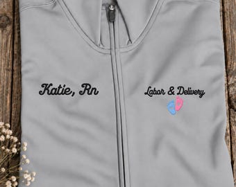 Labor and Delivery Nurse Embroidered Full Zip Jacket, Personalized RN Name, Maternity Work Fleece and Nurse Staff Gift