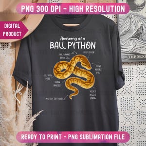 K&ouml;nnte beinhalten: Dunkelgraues T-Shirt mit detaillierter Illustration eines K&ouml;nigspythons und seinen anatomischen Merkmalen. Der Text "Anatomy of a Ball Python" steht &uuml;ber der Illustration. Digitales Produkt, druckfertig.