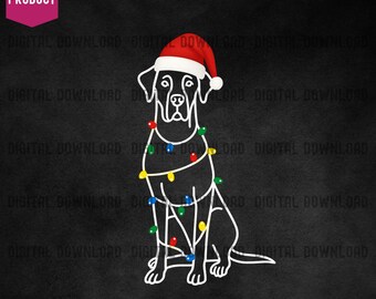 Great Dane Xmas Lights PNG Digital Design, Santa Hat Dog Clipart for Sublimation, Dog Breed Instant Download