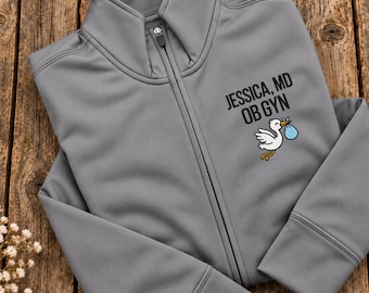 OB GYN Doctor Embroidered Full Zip Fleece, Personalized MD Name, Obstetrics Gynecology Medical Workwear and Staff Gift