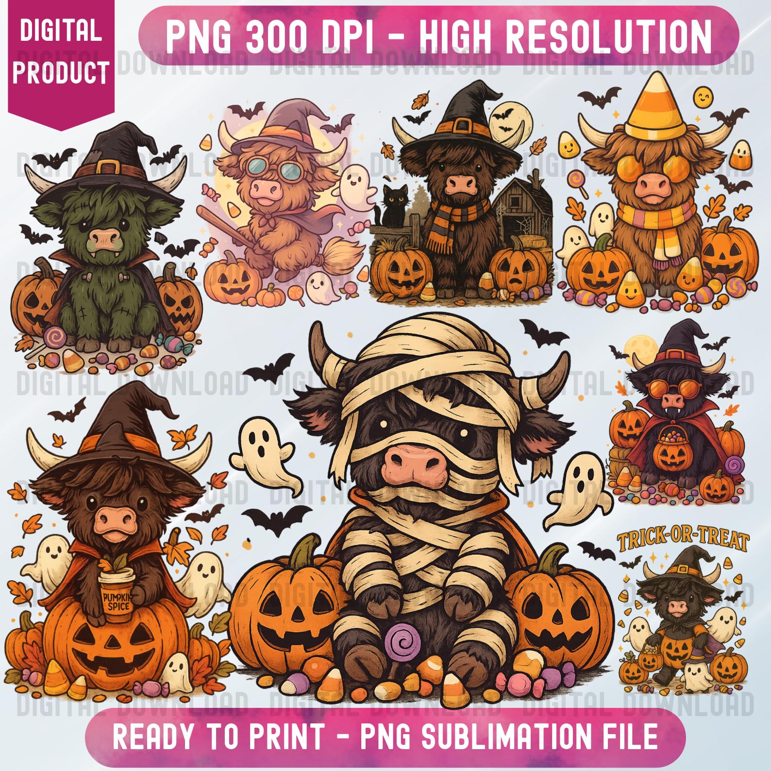 Highland Cow Halloween PNG Bundle, Cute Witch Cow Pumpkin Ghost Clipart ...