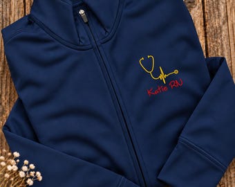 Registered Nurse Embroidered Full Zip Fleece, Personalized RN Name, Stethoscope Medical Workwear and Nurses Week Gift
