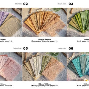 May include: A collection of decorative paper sheets in various colors and textures. Each set includes mesh and special paper, measuring 100mm x 140mm. The image displays six different color palettes, including Plumeria, Desert plain, Green tea, Sakura love, Lunar cold, and Cloud mist.