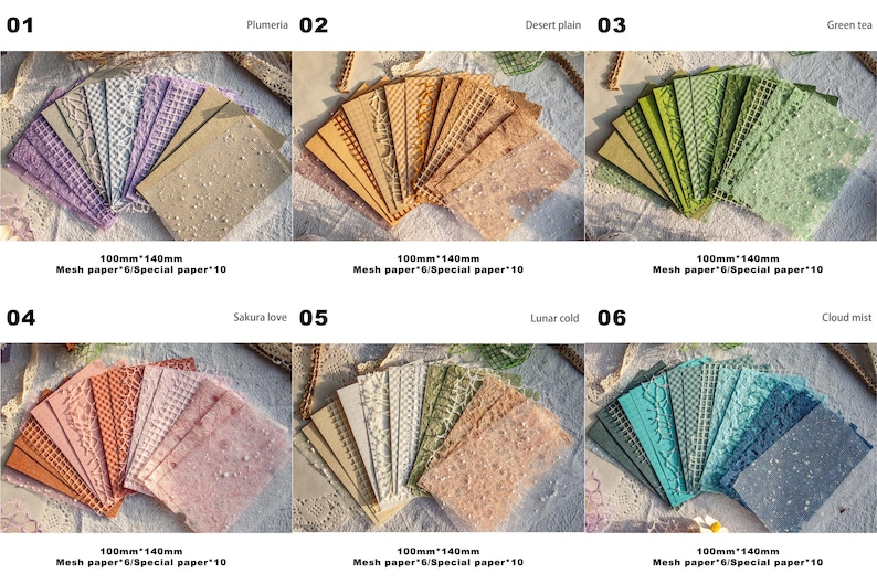 May include: A collection of decorative paper sheets in various colors and textures. Each set includes mesh and special paper, measuring 100mm x 140mm. The image displays six different color palettes, including Plumeria, Desert plain, Green tea, Sakura love, Lunar cold, and Cloud mist.