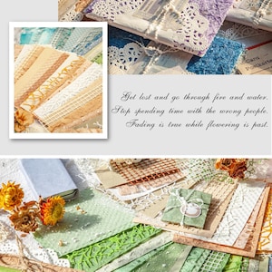 May include: A collection of handmade paper crafts, including decorated envelopes with lace and stamps, and rolled paper bundles. The color palette includes pastel shades of purple, green, and beige. The image also includes the text: "Get lost and go through fire and water."