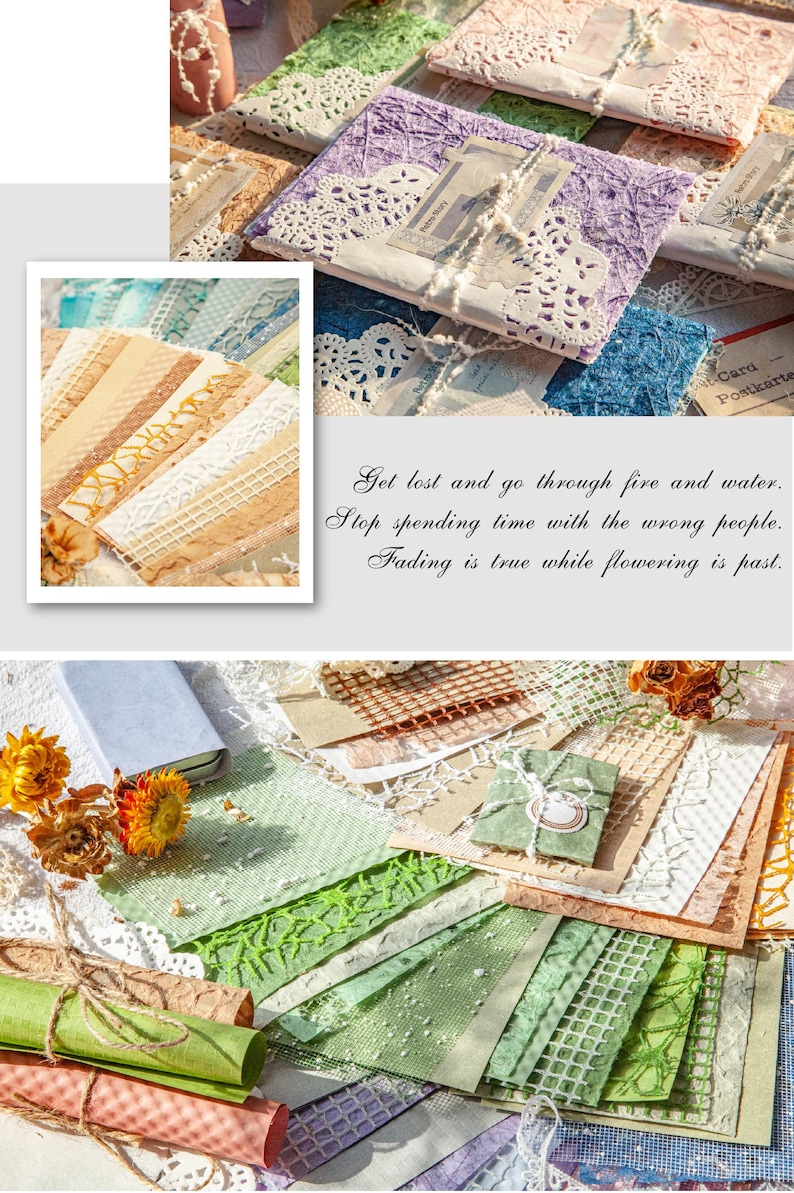 May include: A collection of handmade paper crafts, including decorated envelopes with lace and stamps, and rolled paper bundles. The color palette includes pastel shades of purple, green, and beige. The image also includes the text: "Get lost and go through fire and water."