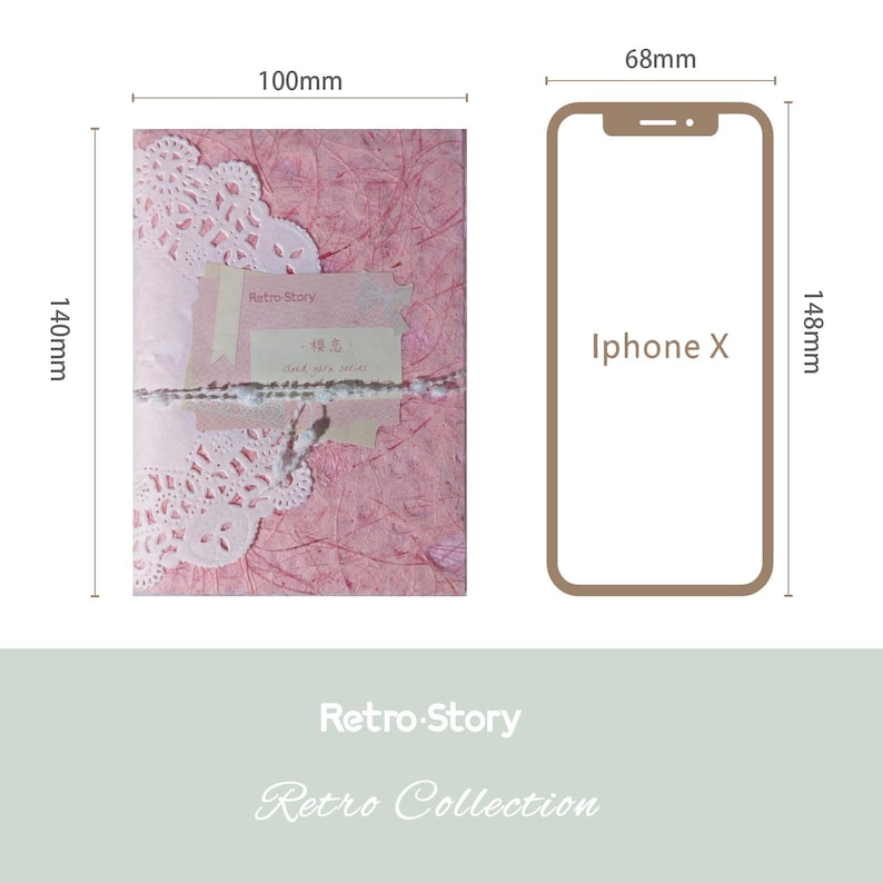 May include: A pink paper notebook with white lace accents, measuring 140mm x 100mm, is displayed next to an iPhone X, 148mm x 68mm. The notebook is tied with twine and features the text "Retro Story" and "Retro Collection".