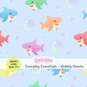 Colorful Sharks Seamless Pattern with Rainbow Bubble for Baby & Kids' Clothes Soft Pastel Sea Clipart for Nursery Wall Kawaii Ocean Animals