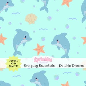 Lindo patrón sin costuras de delfines con conchas de colores suaves y estrellas de mar para ropa de bebé y niños. Clipart de elementos marinos pastel y oceánicos para manta.