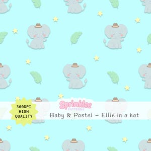 Niedlicher Elefant Musterdesign mit winzigen Hut für Baby Boy Weiche Farbe Bananenblätter & Sterne Clipart für Kinderzimmer Dekor und Baby Shower Artikel