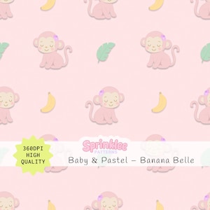 Modèle sans couture avec joli singe rose pour bébé fille Fleurs de couleurs douces Bananes et feuilles Clipart pour vêtements de décoration de chambre d'enfant et travaux manuels