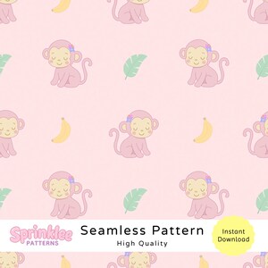 May include: A seamless digital pattern featuring repeating illustrations of light pink monkeys with small floral accents on their heads, yellow bananas, and green tropical leaves set against a solid light pink background with text at the bottom.
