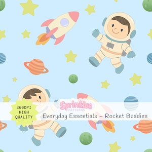 Patrón sin costuras de astronauta y cohete para ropa de bebé y niño. Imágenes prediseñadas de estrellas, planetas y colores suaves para decoración infantil y manualidades.