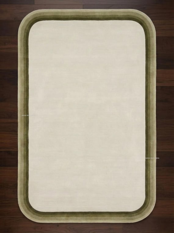 Minimalist Ivory Area Rug with Green Border, Modern Handmade Rug for Living Room & Bedroom