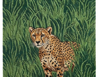 Handgetufteter Wollteppich mit Geparden-Dschungelgras-Motiv, Naturteppich