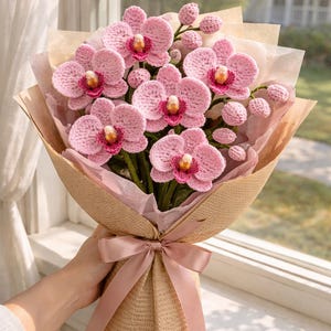 Patrón de ramo de orquídeas polilla a crochet, regalo para el Día de la Madre, graduación, ramo de boda, planta de interior