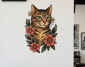Tabby Cat Floral Star Tattoo Metal Wall Art, Traditional Tattoo Wall Plaque, Tattoo Studio Wall Sign, Classic Cat Flower Star Metal Plaque