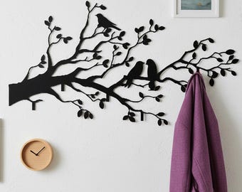 Appendiabiti grande in metallo, ganci decorativi ad albero, appendiabiti da parete, arte murale per ingresso, decorazione murale in metallo ad albero, gancio da parete con sagoma di uccello