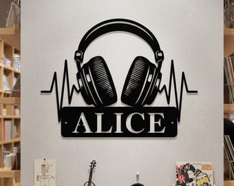 Decorazione da parete in metallo con auricolari personalizzati, decorazione personalizzata per cuffie, insegna con nome per cuffie, insegna con nome per studio DJ, regalo per amanti della musica