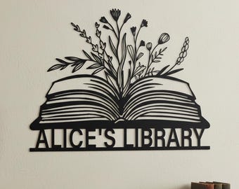 Decorazione murale in metallo personalizzata con libri e fiori, decorazione murale in metallo personalizzata per amanti dei libri, decorazione per la lettura, decorazione murale con nome personalizzato, regalo per amanti dei libri