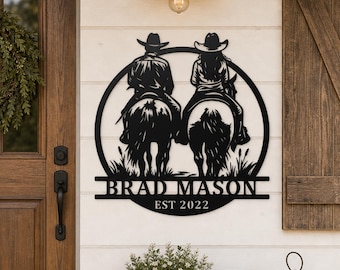 Personalized Name Cowboy Cowgirl Riding Plaque, Rustic Ranch Sign, Custom Established Wall Art, Cowboy Couple Horse Metal Wall Sign
