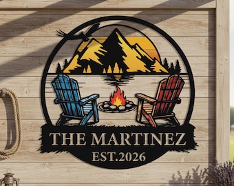 Personalized Adirondack Chair Sign, Custom Lake & Mountain Metal Sign, Custom Family Name Fire Pit Decor, Gift for Outdoor Lovers