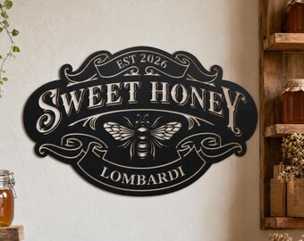 Custom Vintage Bee Honey Name Metal Wall Sign, Personalized Established Date Sweet Honey Metal Plaque, Honey Apiary Metal Sign