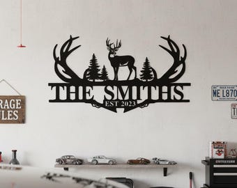 Personalized Family Name Hunting Metal Sign, Custom Deer Wall Art, Housewarming Gift, Deer Hunting Sign,Deer Antler Wall Decor, Hunting Gift