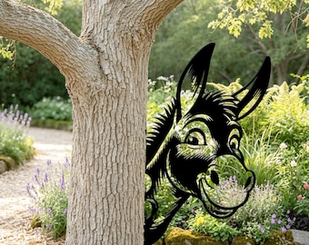 Cheerful Donkey Head Tree Mount Decor, Smiling Farm Donkey Silhouette Sign, Peeking Donkey Tree Trunk Outdoor Metal Art, Donkey Lover Gift