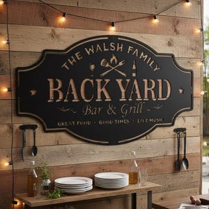 May include: A black metal sign reading "THE WALSH FAMILY BACK YARD Bar & Grill" against a wooden backdrop. The scene includes string lights, a table with plates and glasses, creating a welcoming outdoor space.