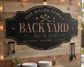 Decorazione murale personalizzata per bar e grill da giardino, arte murale per giardino, decorazione personalizzata per patio da giardino, insegna in metallo per barbecue, insegna da bar, decorazione da bar, regalo per papà