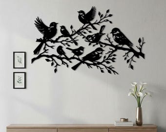 Birds On Branch Metal Wall Decor, Flock Of Songbirds Branch Silhouette Wall Art, Wild Birds Perched Branch Metal Plaque,Nature Inspired Gift