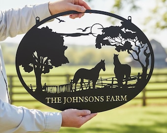 Cartello in metallo con cavallo da fattoria, decorazione personalizzata per la fattoria, decorazione ovale in metallo con sagoma di cavallo da fattoria personalizzata, cavallo da fattoria da appendere, regalo per la fattoria