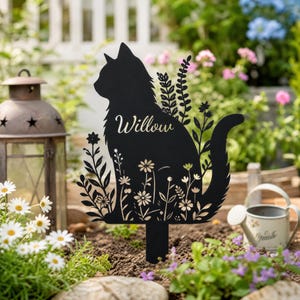 Paletto in metallo personalizzato con silhouette di gatto floreale, paletto da giardino in metallo con nome personalizzato e gatto di fiori selvatici, paletto commemorativo floreale per gatto, regalo per lei