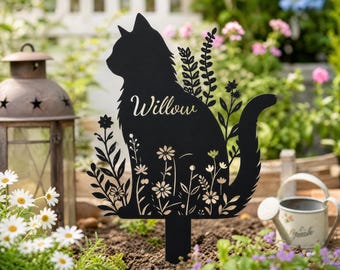 Personalized Floral Cat Silhouette Metal Stake, Custom Name Wildflower Cat Metal Garden Stake, Memorial Floral Cat Stake, Gift for Her