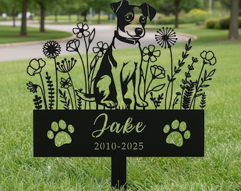 Paletto commemorativo personalizzato per cani, cartello da giardino personalizzato per cani, lapide per cani, paletto da giardino per cani con fiori, decorazione da giardino in metallo per cani, regalo per la perdita di un animale domestico