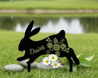 Custom Name Rabbit Silhouette Lawn Yard Marker, Floral Bunny Name Metal Stake, Pet Rabbit Memorial Garden Stake, Rabbit Outdoor Decor Stake